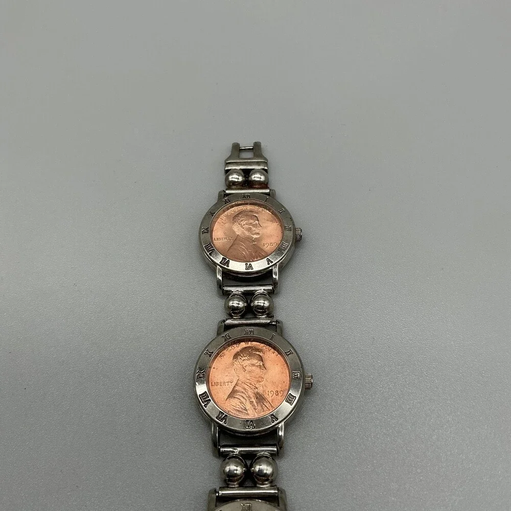 Vintage Jalga Womens Watch 25mm Bronze Dial Silver Tone Penny Coin Band 8.5